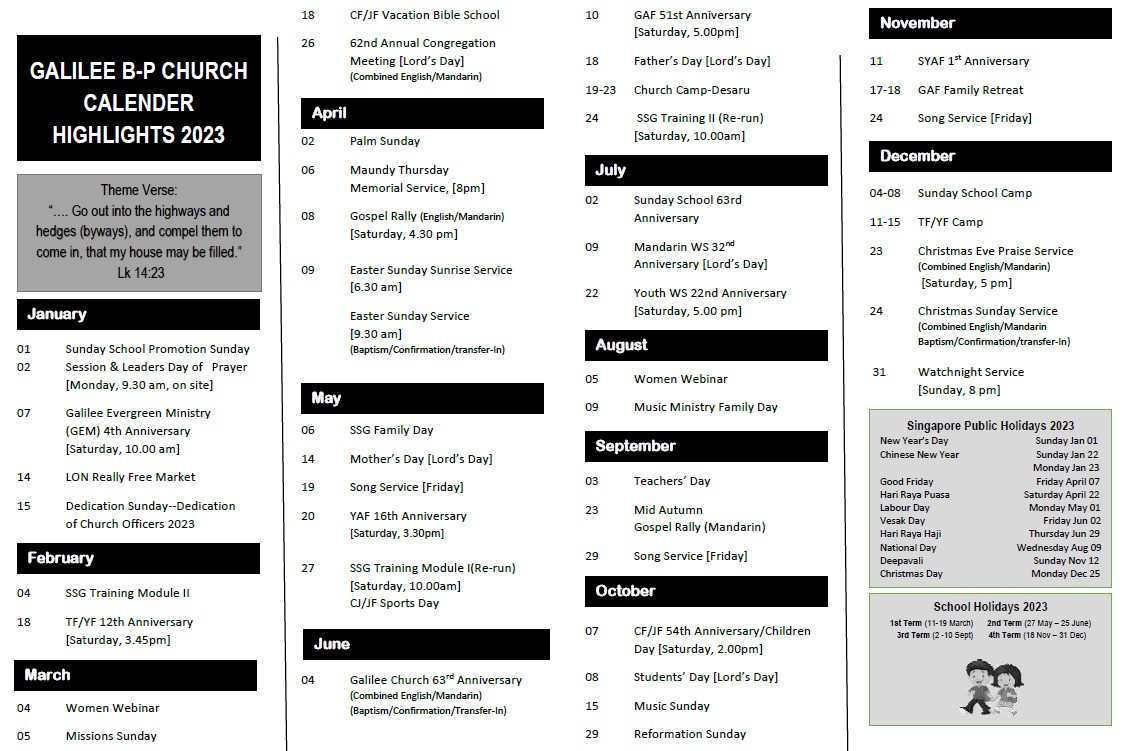 Galilee Calender Highlights 2023 – Galilee B-P Church